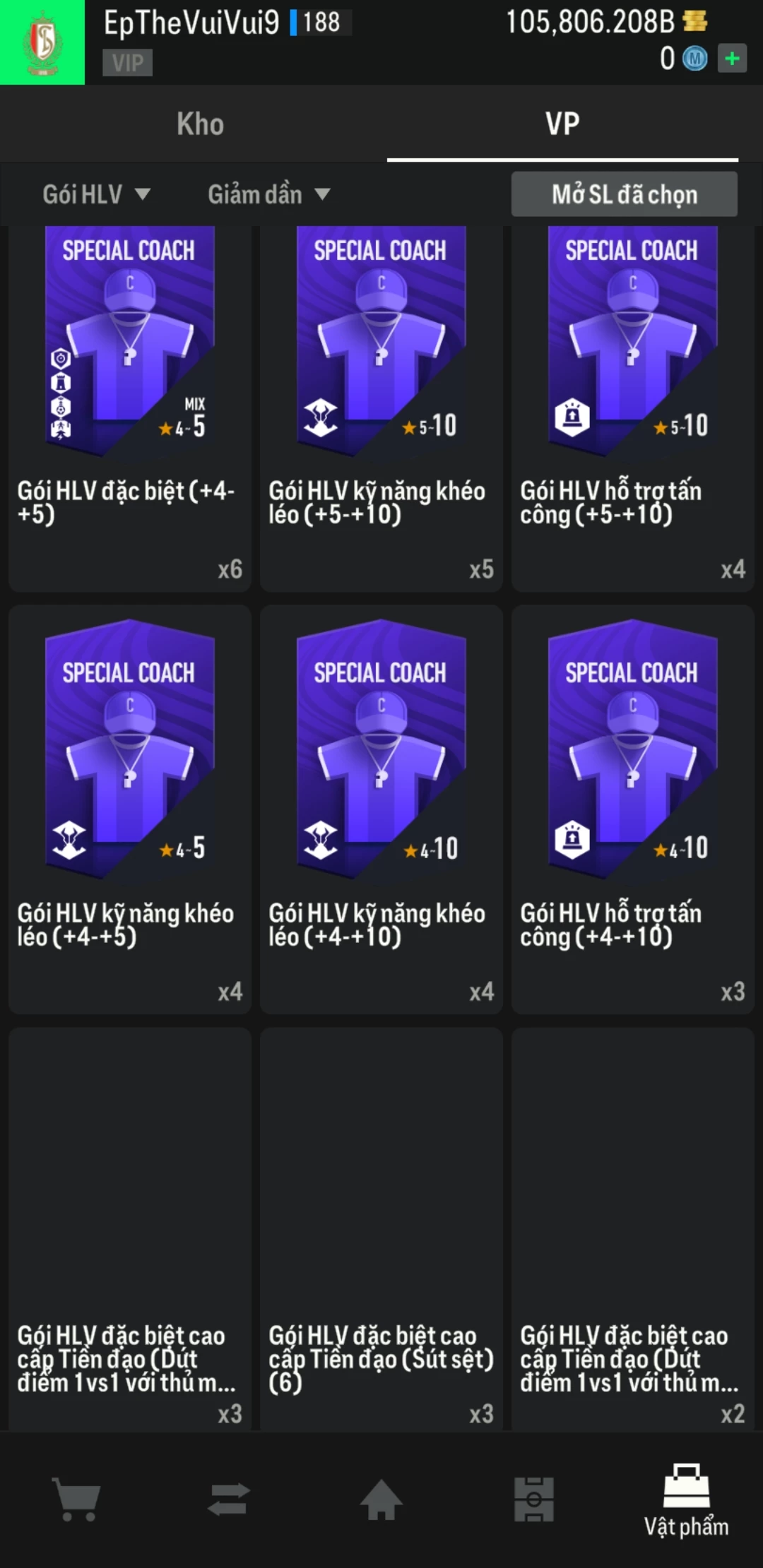 Ảnh ACC mở thẻ (LOẠI SVIP PROMAX) bao gồm có 01 thẻ +12, 03 thẻ PRIME (QH+, CP+, XS+) và hơn 1500+ đến 1600+ thẻ cầu thủ từ Siêu sao đến Miền núi các loại. Acc có sẵn BP trắng từ 90.000 tỷ BP đến 110.000 tỷ BP kèm theo nhiều ngày SVIP